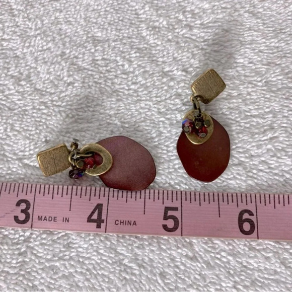 Vintage  Handmade Burgundy Gold Dangly Pierced Earrings - Picture 6 of 6